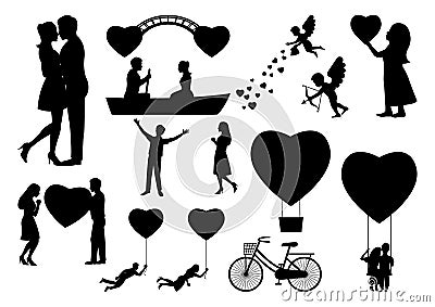 set of design element for valentine`s day with people in black silouette Vector Illustration