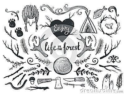 Set of design elements and clip art themed around animals ,camping and life in the forest. Vector Illustration