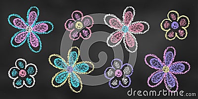 Set of Design Elements Flowers of Different Colors Isolated on Chalkboard Backdrop. Realistic Chalk Drawn Sketch Vector Illustration