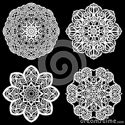 Set of design elements, lace round paper doily, doily to decorate the cake, template for cutting, snowflake, greeting element, met Vector Illustration