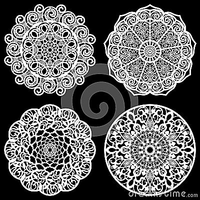 Set of design elements, lace round paper doily, doily to decorate the cake, template for cutting, snowflake, greeting element, Vector Illustration