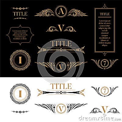 Set of design elements in retro vintage style. Golden floral ornamental detailes, frames, wreaths for placing logo, text or title. Vector Illustration