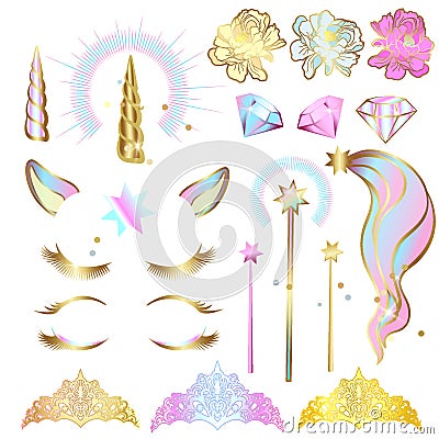 Set of design elements for a unicorn with closed eyes and a wreath of flowers with sparkles Stock Photo