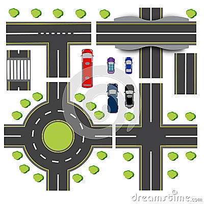 Set design of transport interchanges. Intersections of different highway. Roundabout Circulation. Transport. Bridge Vector Illustration
