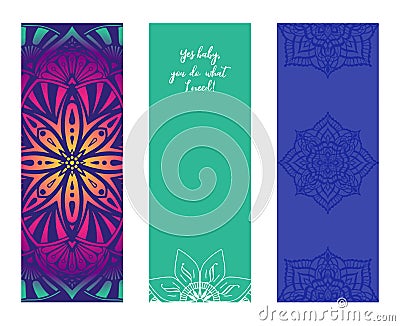 Set of design yoga mats. Floral and mandala pattern in oriental style for decoration sport equipment Vector Illustration