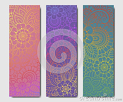 Set of design yoga mats. Floral pattern in oriental style for decoration sport equipment. Colorful ethnic Indian ornaments for Vector Illustration