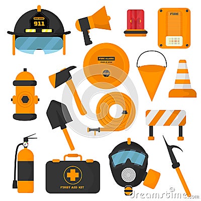 Set of designed firefighter elements. Coloured fire department emergency icons and water safety danger equipment. Fireman protect Stock Photo