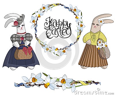Set of designer items: easter wreath of daffodils, seamless flower brush and fashionable rabbits in dresses Vector Illustration