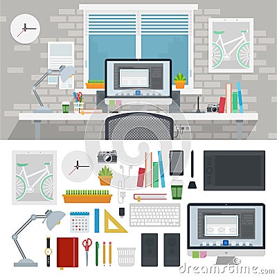 Set of Designer workspace icons flat vector Cartoon Illustration