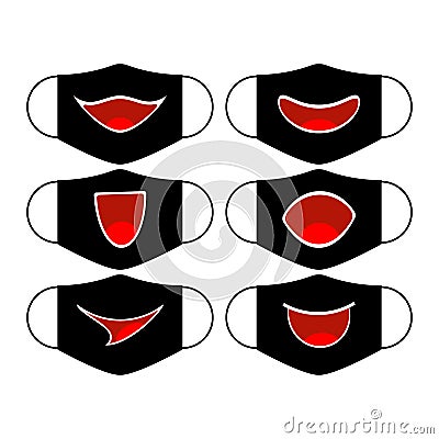 Set of designs of reusable mouth funny masks with smile on faces in vector. Black face protection masks with prints. Vector Illustration