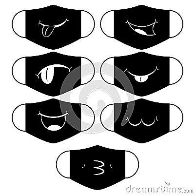 Set of designs of reusable mouth funny masks with smile on faces in vector. Black face protection masks with simple prints. Vector Illustration
