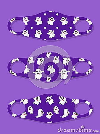 Set of designs reusable mouth kids funny masks with ghost seamless pattern Vector Illustration