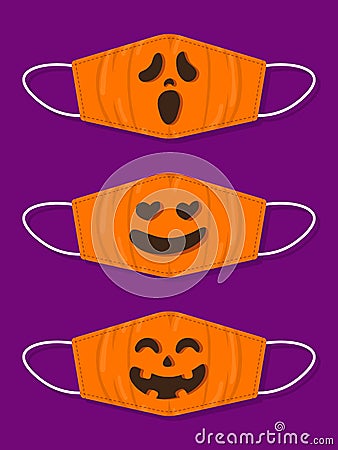 Set of designs reusable mouth kids funny masks with halloween pumpkin Vector Illustration