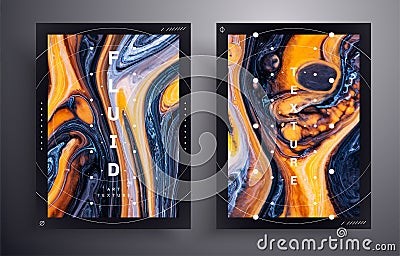 Set of desing poster. Dark blue and orange vibrant abstract marbled texture. Acrylic paint flow creative contemporary Vector Illustration