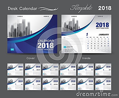 Set Desk Calendar 2018 template design, blue cover Vector Illustration