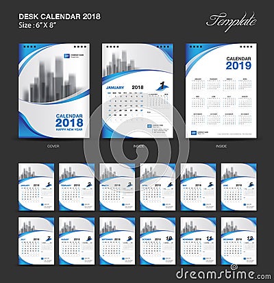 Set Desk Calendar 2018 template design, blue cover, Set of 12 Months Vector Illustration