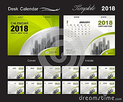Set Desk Calendar 2018 template design, Green cover Vector Illustration