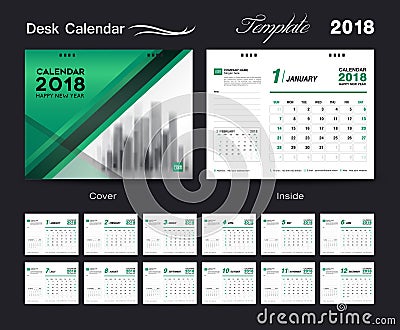 Set Desk Calendar 2018 template design, Green cover Vector Illustration