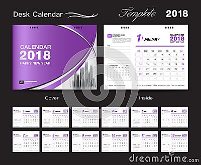 Set Desk Calendar 2018 template design, Purple cover Vector Illustration