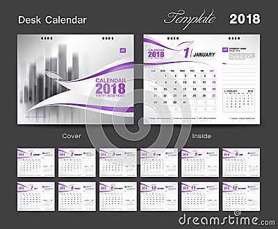 Set Desk Calendar 2018 template design, Purple cover Vector Illustration