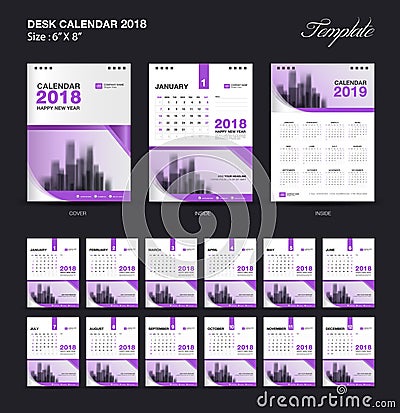 Set Desk Calendar 2018 template design, purple cover, Set of 12 Months Vector Illustration