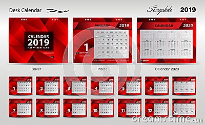 Set Desk Calendar 2019 template design vector, cover design, Set of 12 Months, Week starts Sunday, Stationery design, flyer layout Vector Illustration