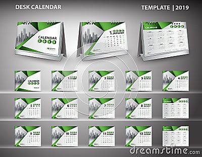 Set Desk Calendar 2019 template design vector and desk calendar 3d mockup, cover design, Set of 12 Months, Week starts Sunday Vector Illustration