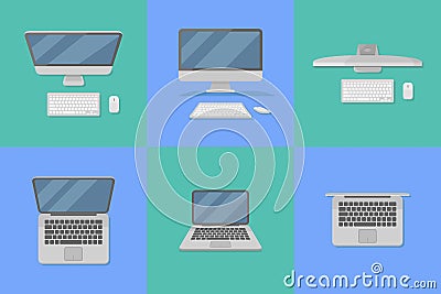 Set of desktop and laptop personal computers flat style icons. Vector Illustration