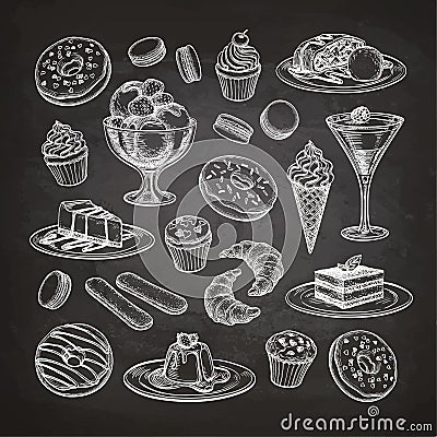 Set of dessert on chalkboard. Vector Illustration