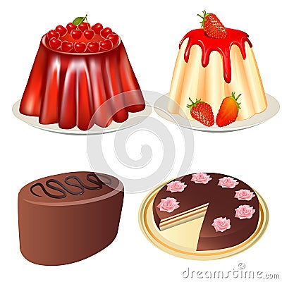 Set dessert jelly and strawberries cake Vector Illustration