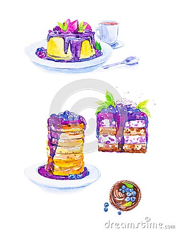 A set of desserts from cakes and a piece of cake with blueberries on plates, tea in a mug and a spoon. Watercolor illustration Cartoon Illustration