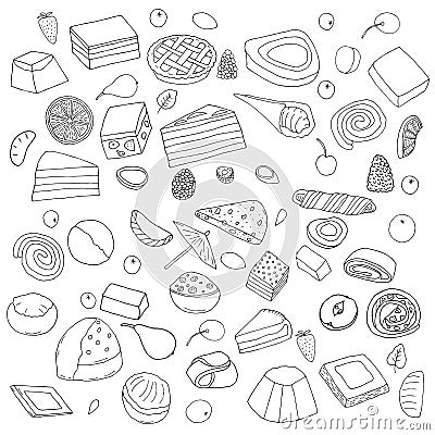 Set of desserts.Cakes, sweet rolls and pies, biscuits and berries.hand drawn vector illustration.doodles cartoon style. Cartoon Illustration