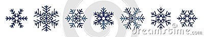 Set of detailed blue snowflake icons isolated on white background. Winter design elements, frozen symbols Vector Illustration