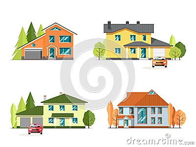Set of detailed colorful cottage houses. Family home. Flat style modern buildings Vector Illustration