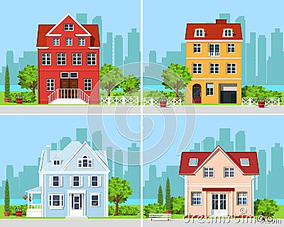 Set of detailed colorful modern cottage houses with trees and city background. Graphic buildings. Vector illustration. Vector Illustration