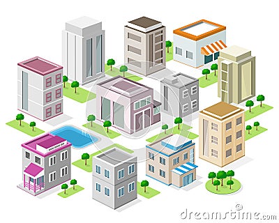 Set of detailed isometric city buildings. 3d vector isometric city Vector Illustration