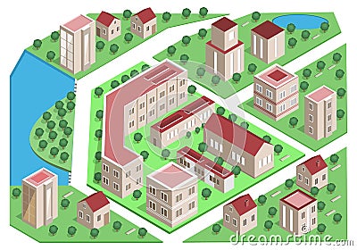 Set of detailed isometric city buildings. 3d vector isometric city Vector Illustration