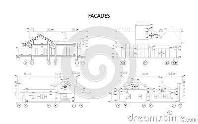 Set of detailed facade elements with measurements, architecture Vector Illustration