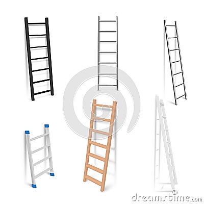 Set of detailed stairs realistic vector illustration. Collection of wooden and metallic ladders Vector Illustration