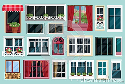 Set of detailed various colorful windows with windowsills, curtains, flowers, balconies. Flat style. Vector Illustration