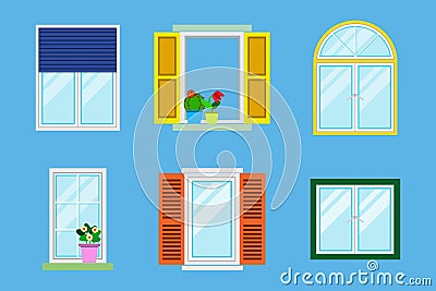 Set of detailed various colorful windows with windowsills, curtains, flowers, balconies. Flat style vector illustration Vector Illustration