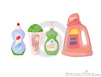 Set with detergents. Gel for washing dishes, body gel, liquid soap, liquid powder. Vector cartoon flat illustration Vector Illustration