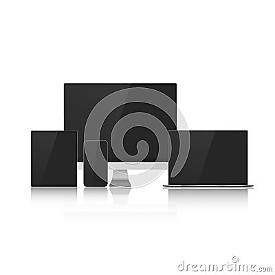 Set of Device Mock Up with Black Screens for your Design. Realistic Computer, Laptop, Tablet and Smartphone. Vector Vector Illustration