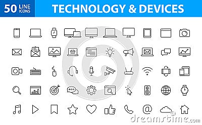 Set of 50 Device and technology web icons in line style. Computer monitor, smartphone, tablet and laptop. Vector illustration Vector Illustration