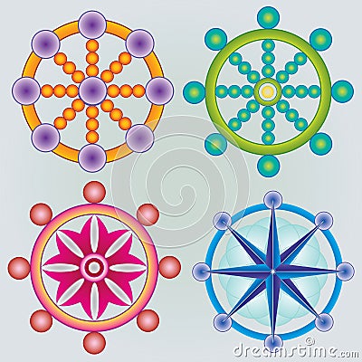 Set of Dharma Wheels - Buddhism Symbol - Colors Vector Illustration