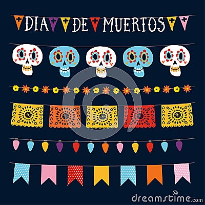 Set of Dia de los Muertos, Mexican Day of the Dead garlands with lights, bunting flags, papel picado and ornamental Vector Illustration