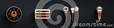 Set Dial knob level technology settings, Sound mixer controller, Air headphones and Microphone icon with long shadow Vector Illustration