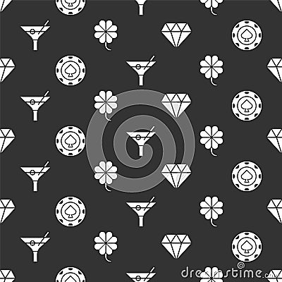 Set Diamond, Casino chips, Martini glass and Casino slot machine with clover on seamless pattern. Vector Vector Illustration