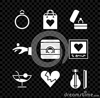 Set Diamond engagement ring, Shopping bag with heart, Wedding rings, Cocktail, Broken or divorce, Violin, hand and icon Vector Illustration