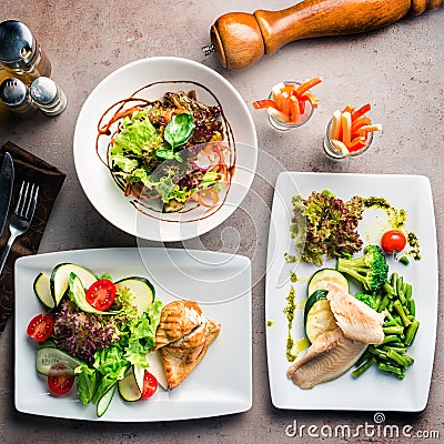 Set of diet dishes. Assortment of food set diet dish lunch on a table. Healthy concept Stock Photo
